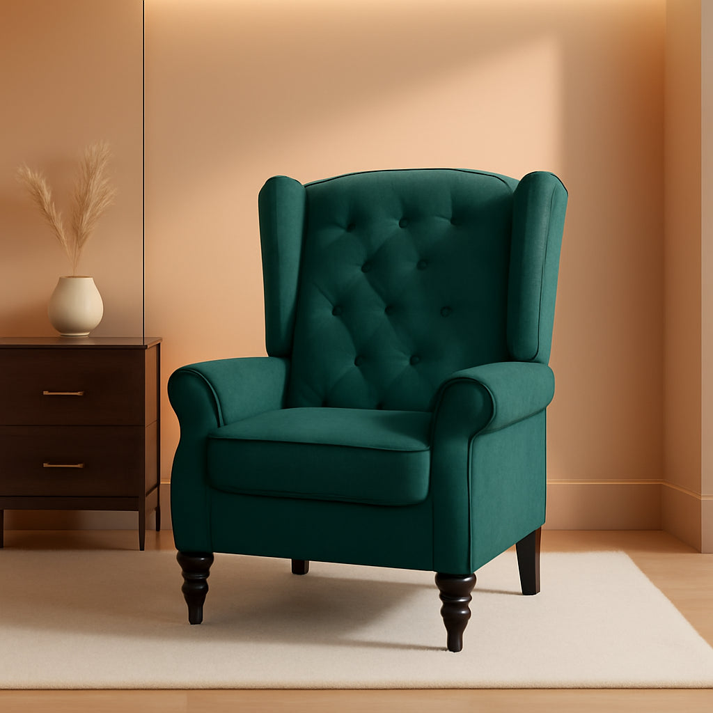 Dark Green Wingback Accent Chair Tufted Upholstery