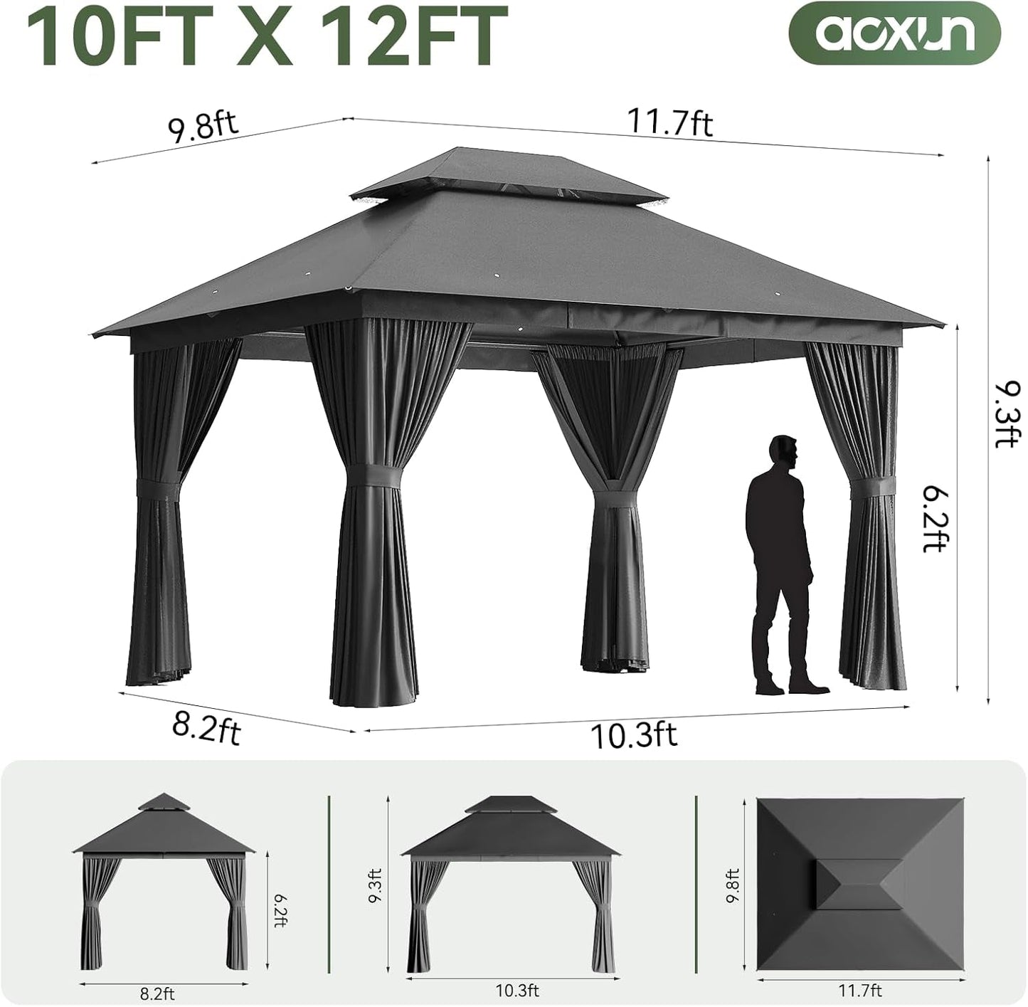 12x10 Outdoor Gazebo Dark Gray Weatherproof UVResistant