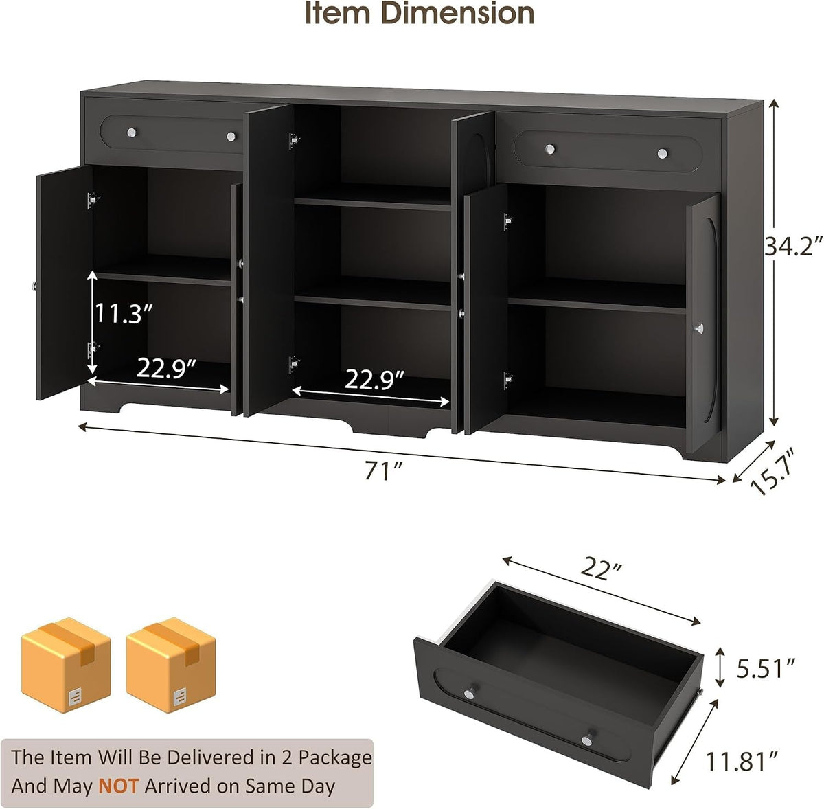 Contemporary Arched Black Sideboard With Drawer Storage