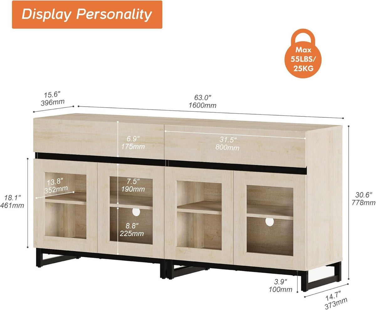 Oak Sideboard Buffet With Glass Doors Light Finish