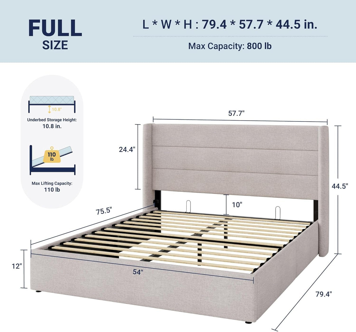 Full Size Hydraulic Lift Storage Wingback Platform Bed