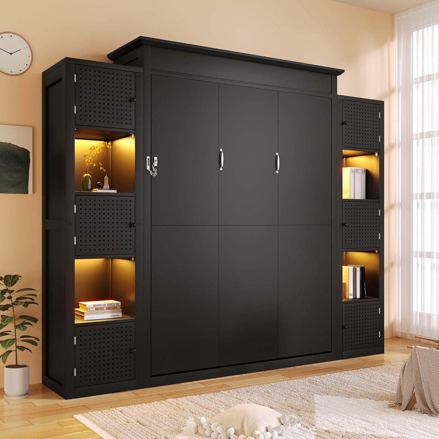 Queen Size Murphy Bed With Storage Cabinets And LED Lighting Black