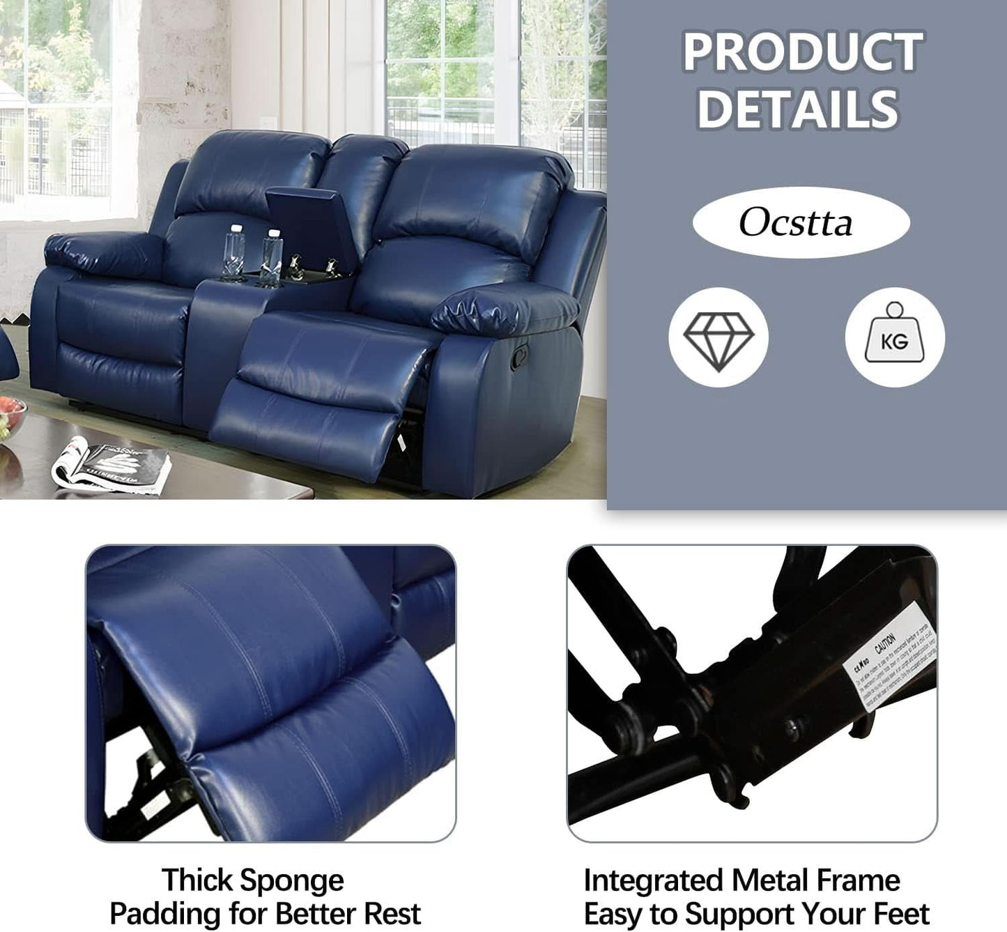 Manual Leather Recliner Sofa Set Blue Living Room Furniture