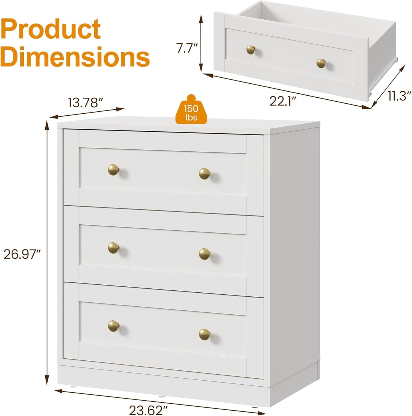White Contemporary Solid Wooden Three Drawer Dresser