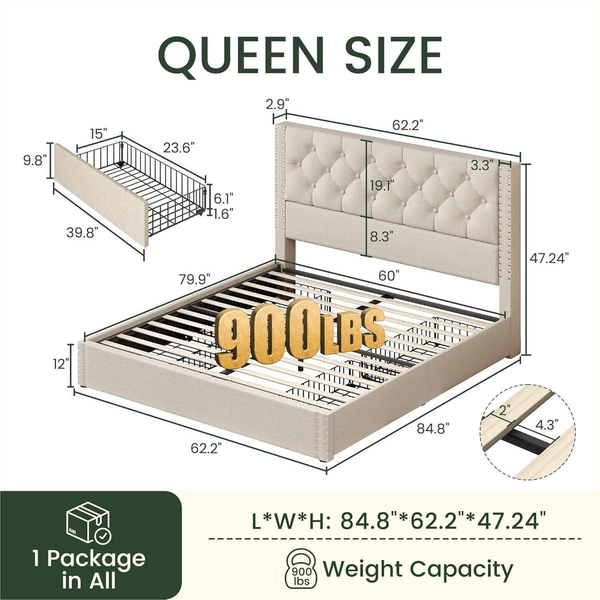 Queen Bed Frame Beige Linen Upholstered Storage Drawers