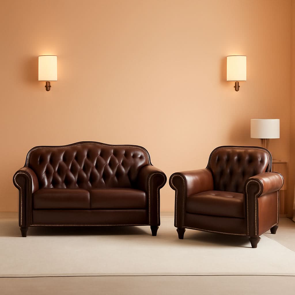 2 Piece Living Room Set Mid-Century Modern Chesterfield Chair Loveseat in Brown PU Leather Edition