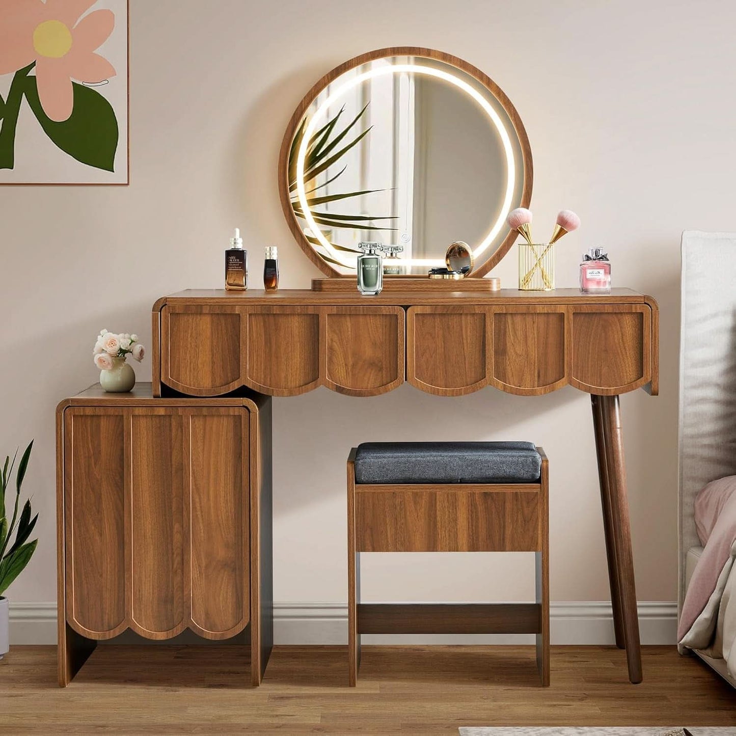 Walnut Vanity Desk Mirror With Integrated Lighting
