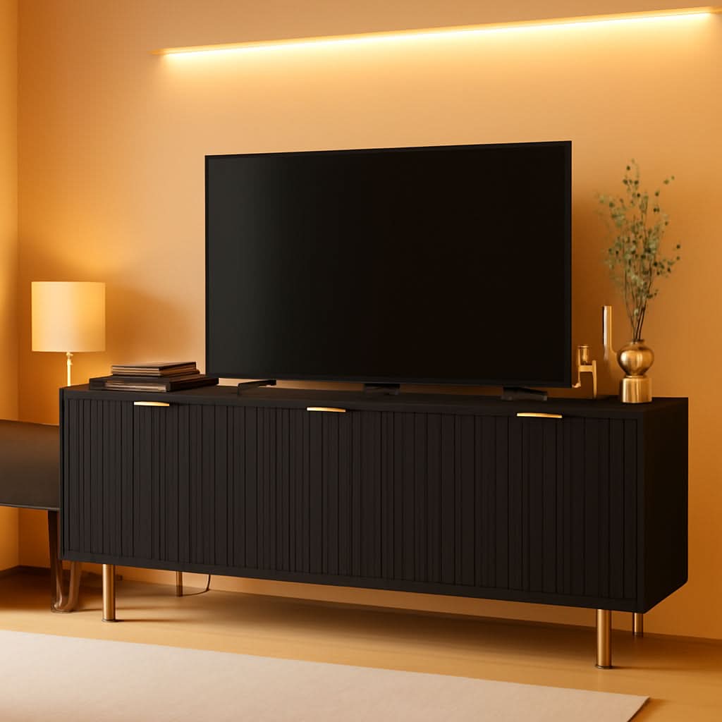 Black Fluted Mid Century Modern TV Entertainment Center With Storage