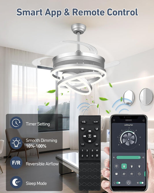 42 Inches Fandelier Retractable Ceiling Fan Silver
