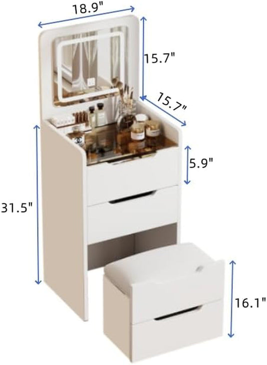 White Compact Vanity Desk Featuring Illuminated Lights