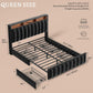 Queen Velvet Upholstered Platform Bed With Drawers