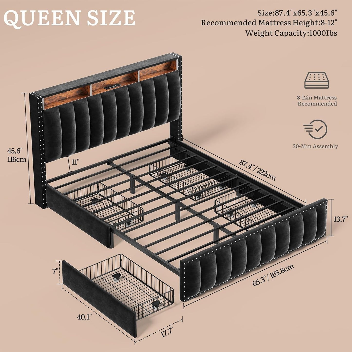 Queen Velvet Upholstered Platform Bed With Drawers