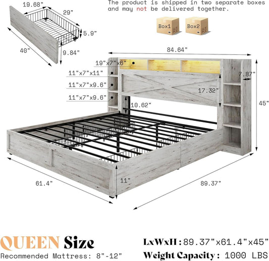 White Queen Bed Frame Featuring Book case Head board