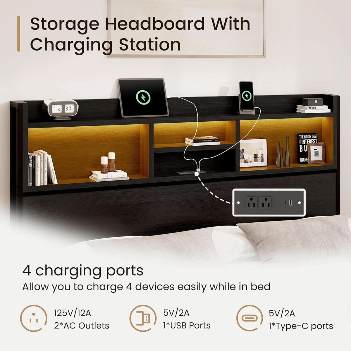 Vintage Black Queen Storage Bed Frame With USB Ports-4