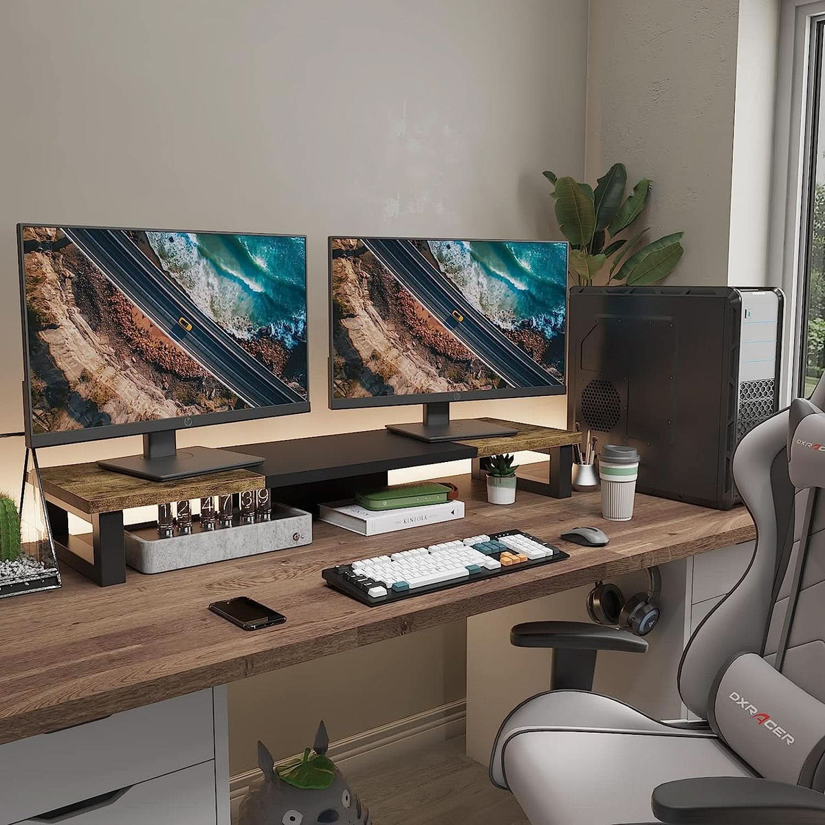 Dual Monitor Stand Riser Wood And Steel For Two Monitors-4