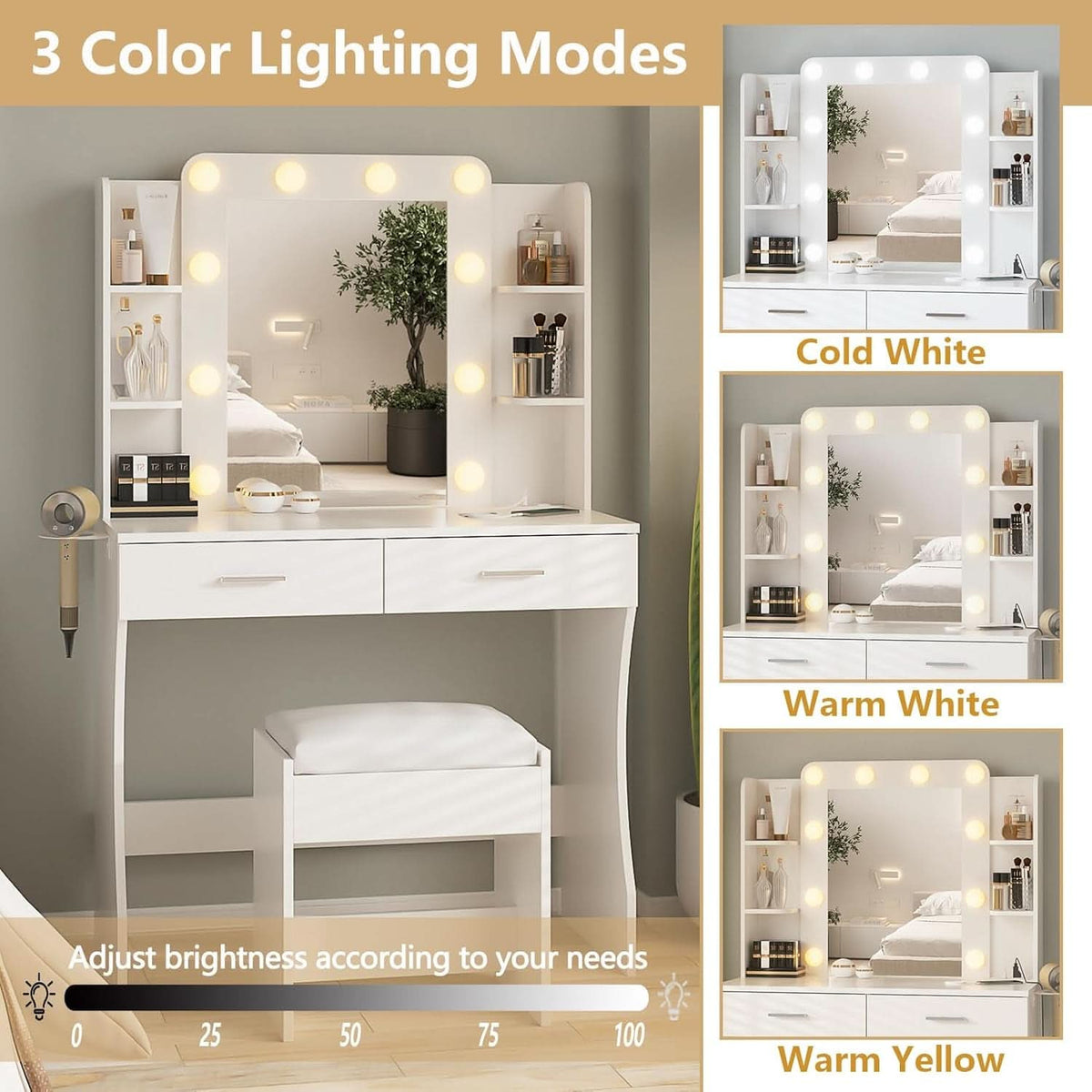 Vanity Desk White Ceramic Finishes LED Illumination