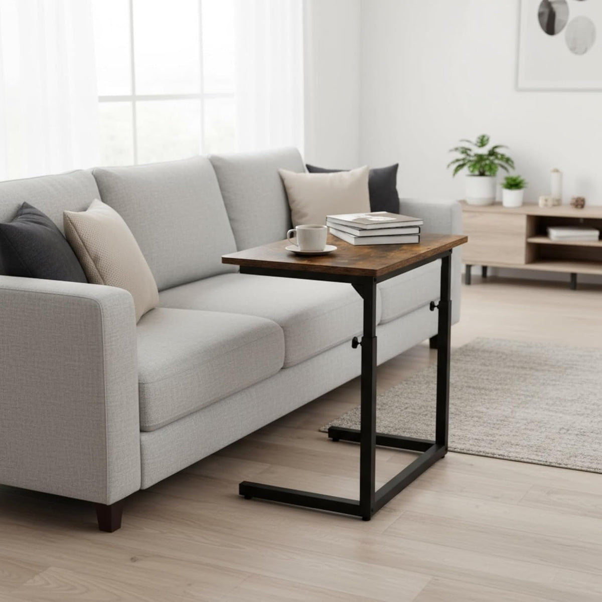 Height-Adjustable C-Shaped Sofa Table Walnut Brown