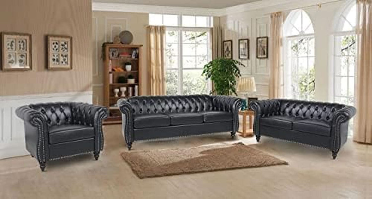 Three Piece Living Room Furniture Set With Faux Leather Chesterfield Sofa Club Chair And Loveseat In Black-2