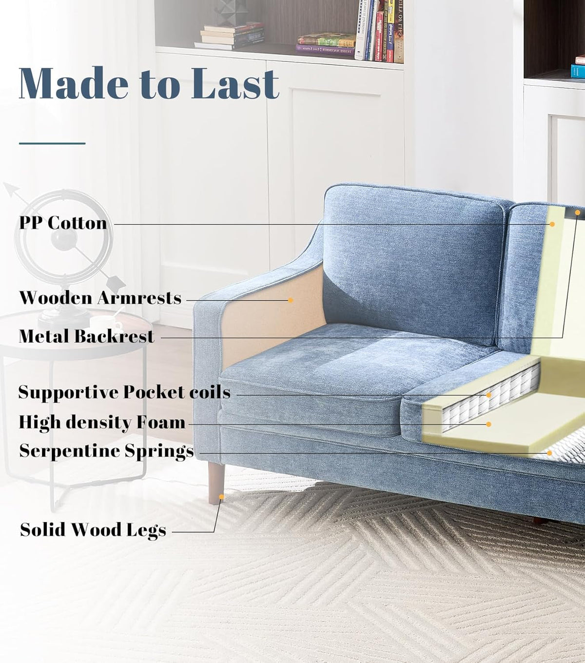 80 Inches Brilliant SkyBlue Chenille Sofa Reinforced-3