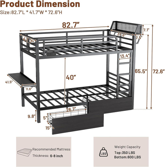 Black Twin XL Bunk Bed Foldaway Desk USB Charging Station