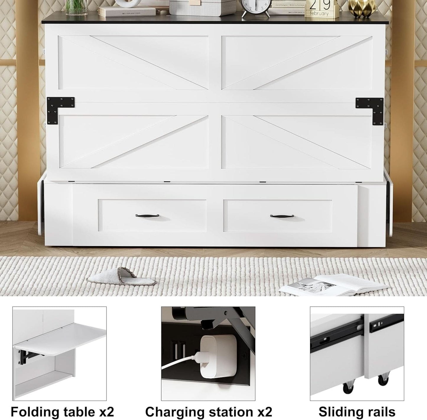 Queen Murphy Cabinet Bed With Storage Charging Station-3