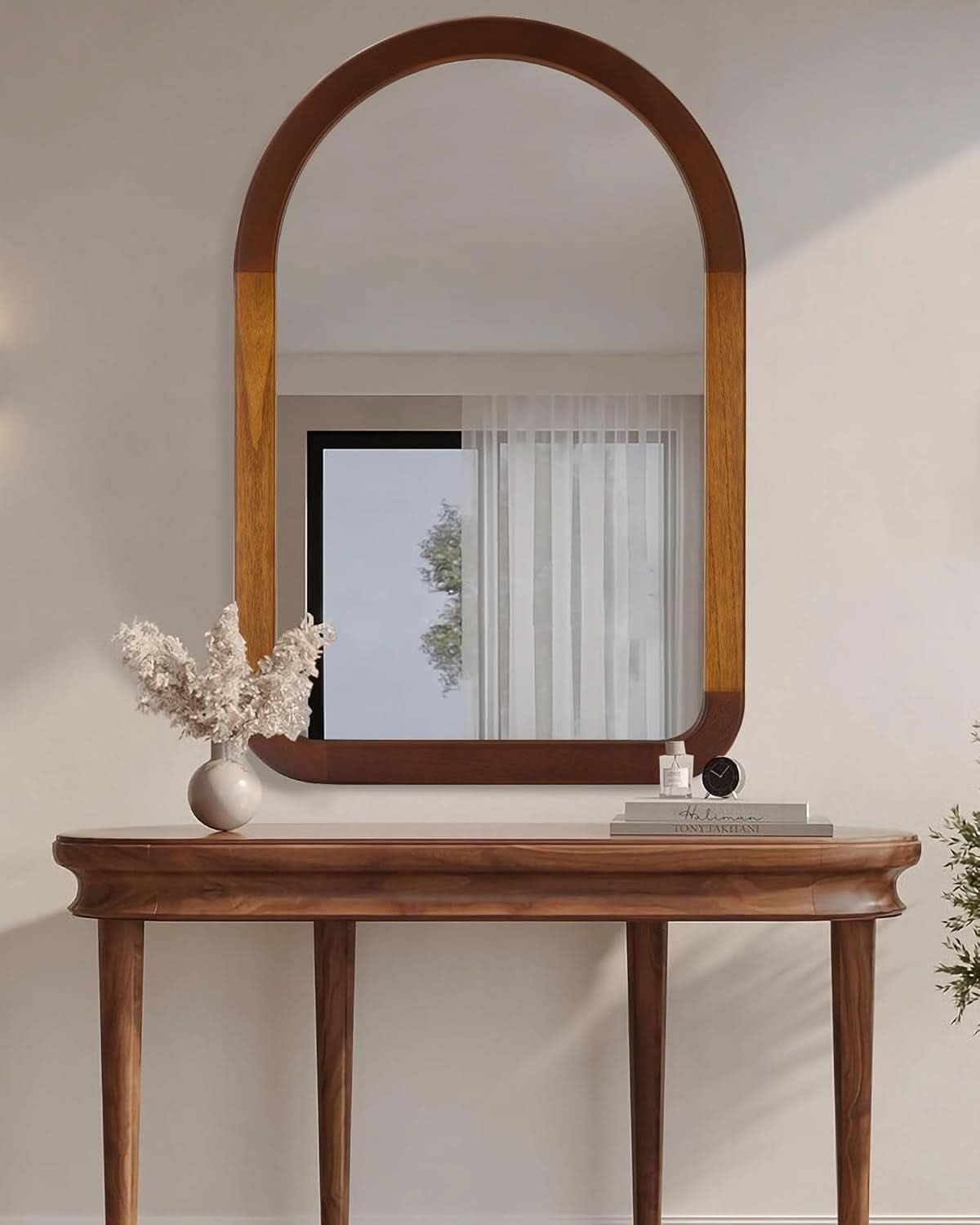 Arched Mirror 24x36 Walnut Brown Wood Frame Wall Mounted