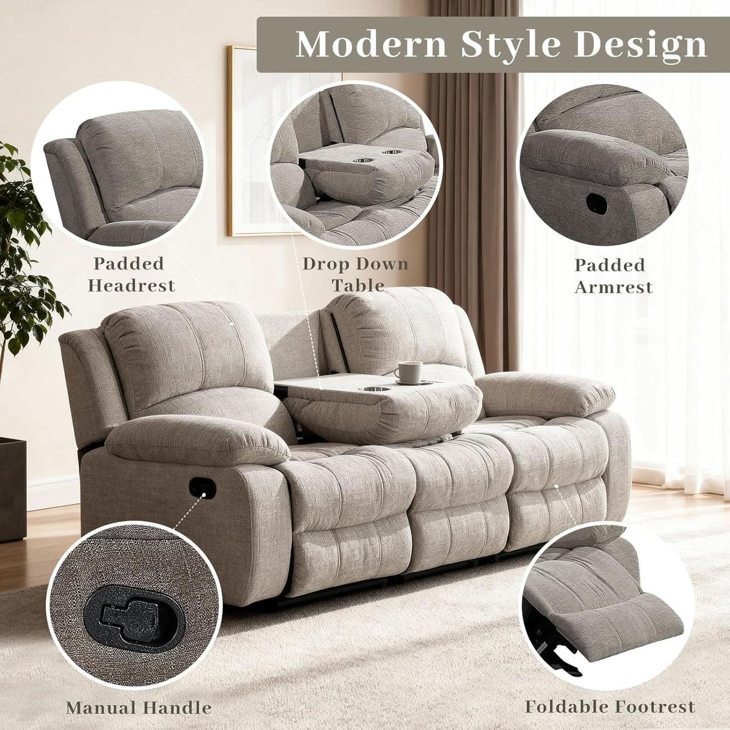 Light Grey Microfiber Reclining Sofa Set Cupholder