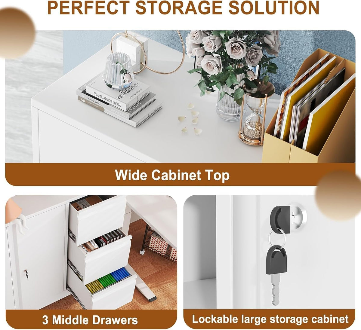 Forty Seven Inch Brilliant White Finish Rolling File Cabinet