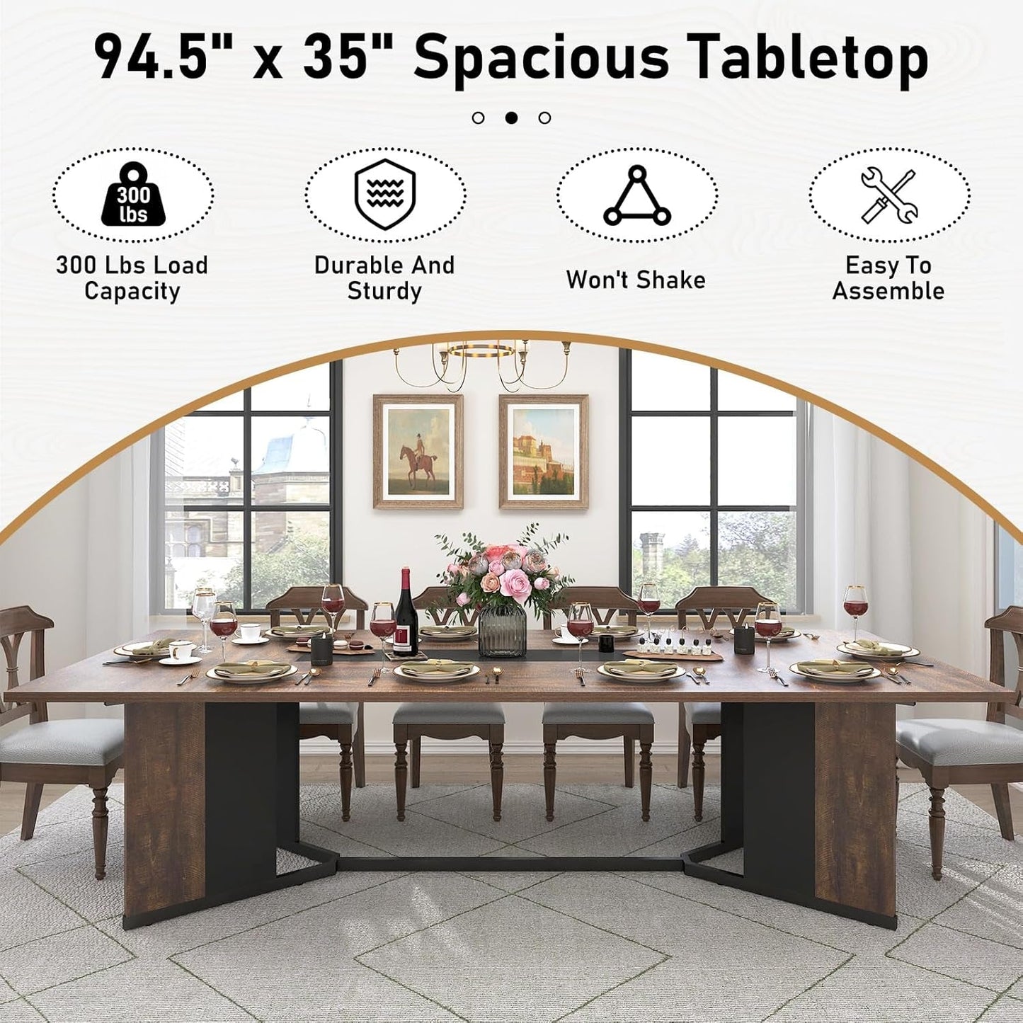 Brown 94 Inch Solid Wood Dining Table Stain Resistant