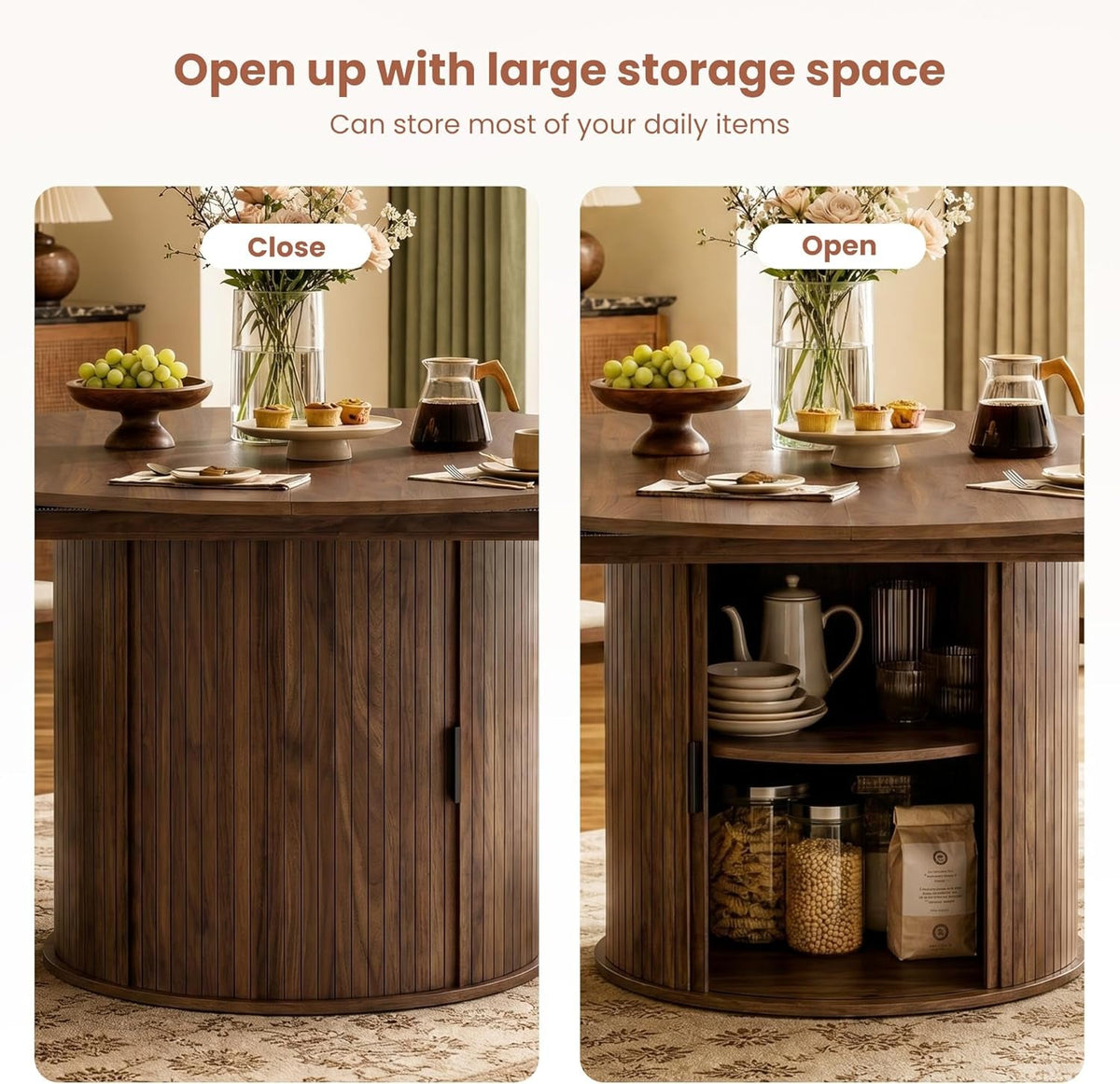 Walnut Extendable Round Dining Table Hidden Storage