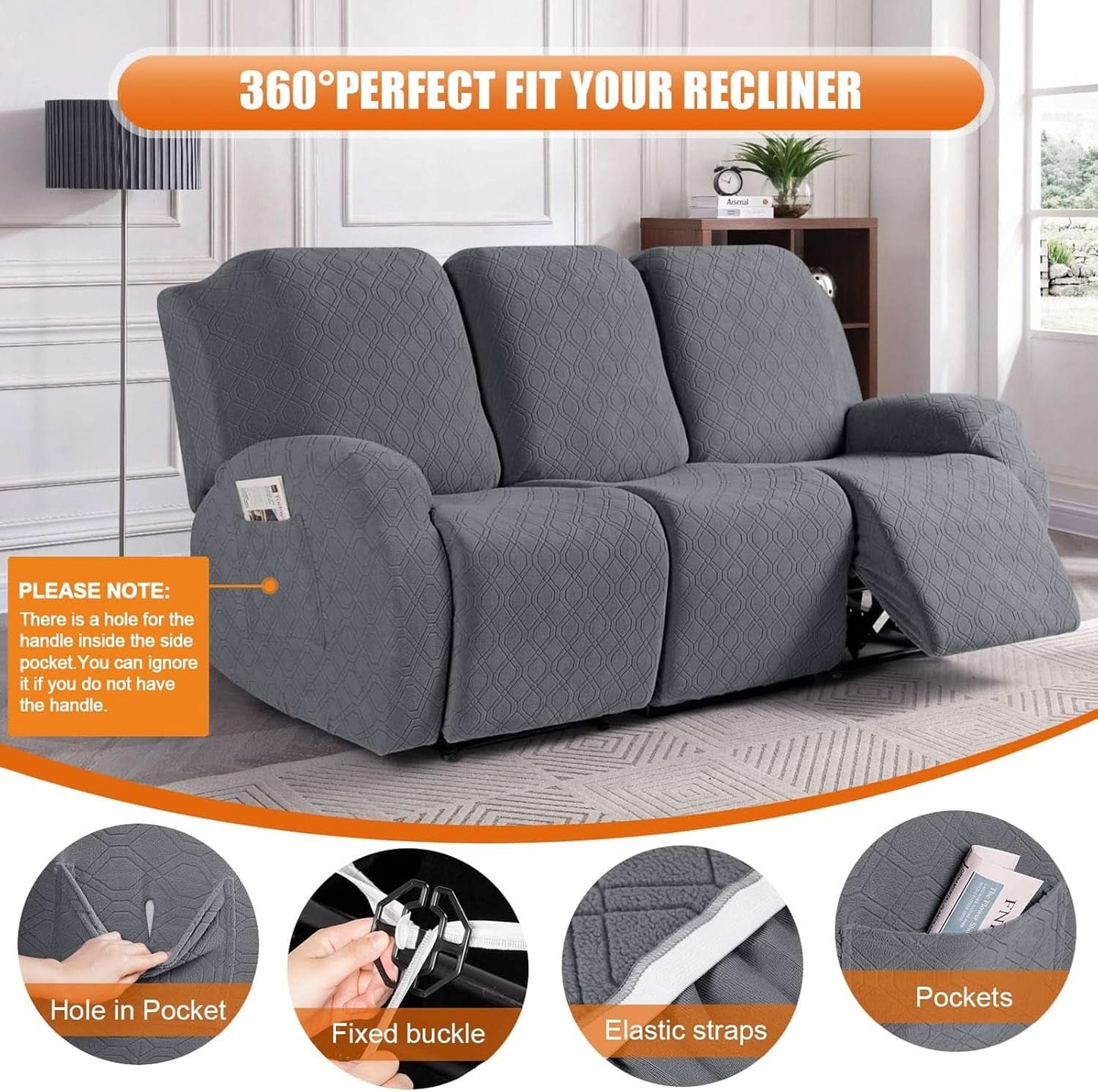 Midnight Charcoal 3 Piece Recliner Slipcover Stretch