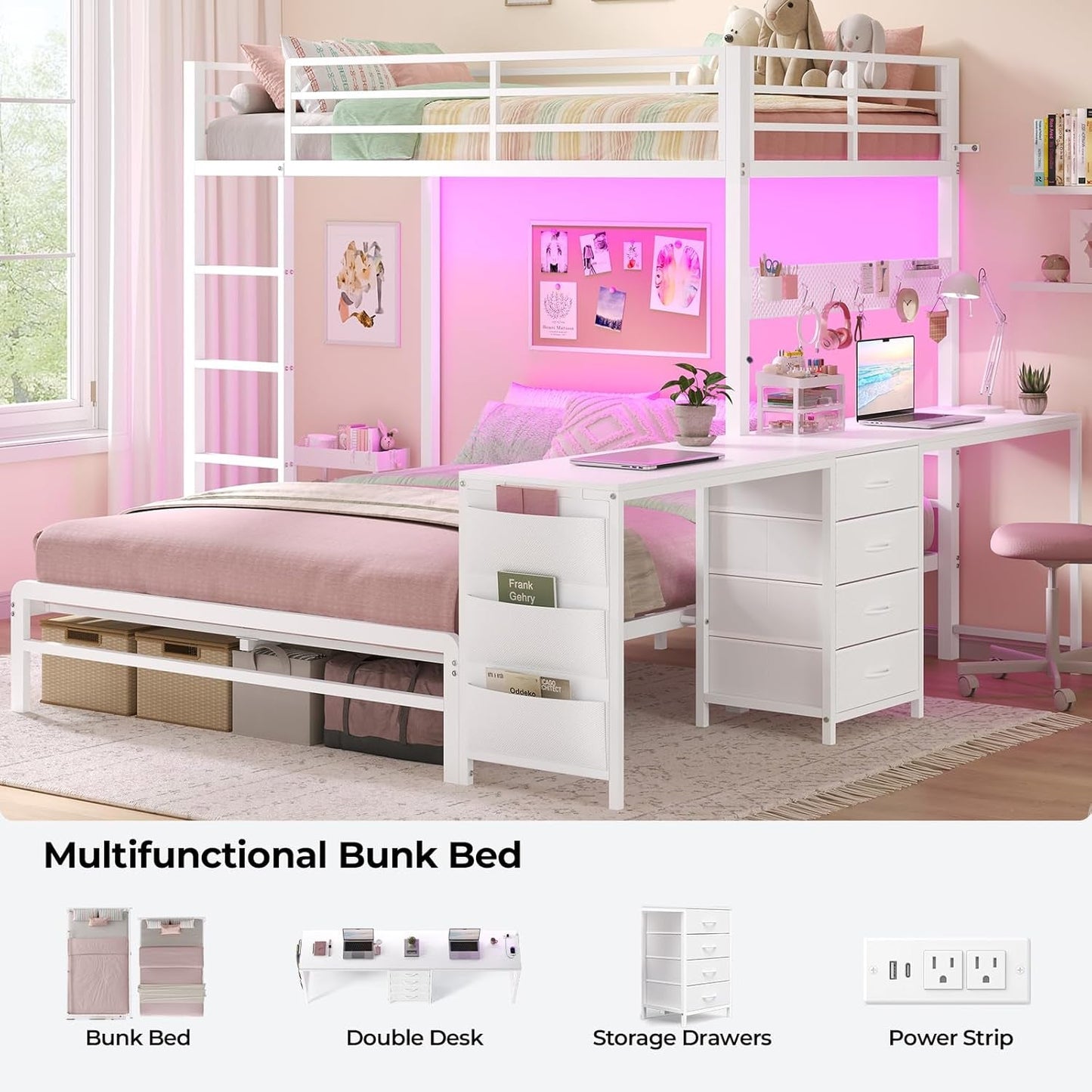 Twin Over Full Industrial Steel Bunk Bed Brilliant White