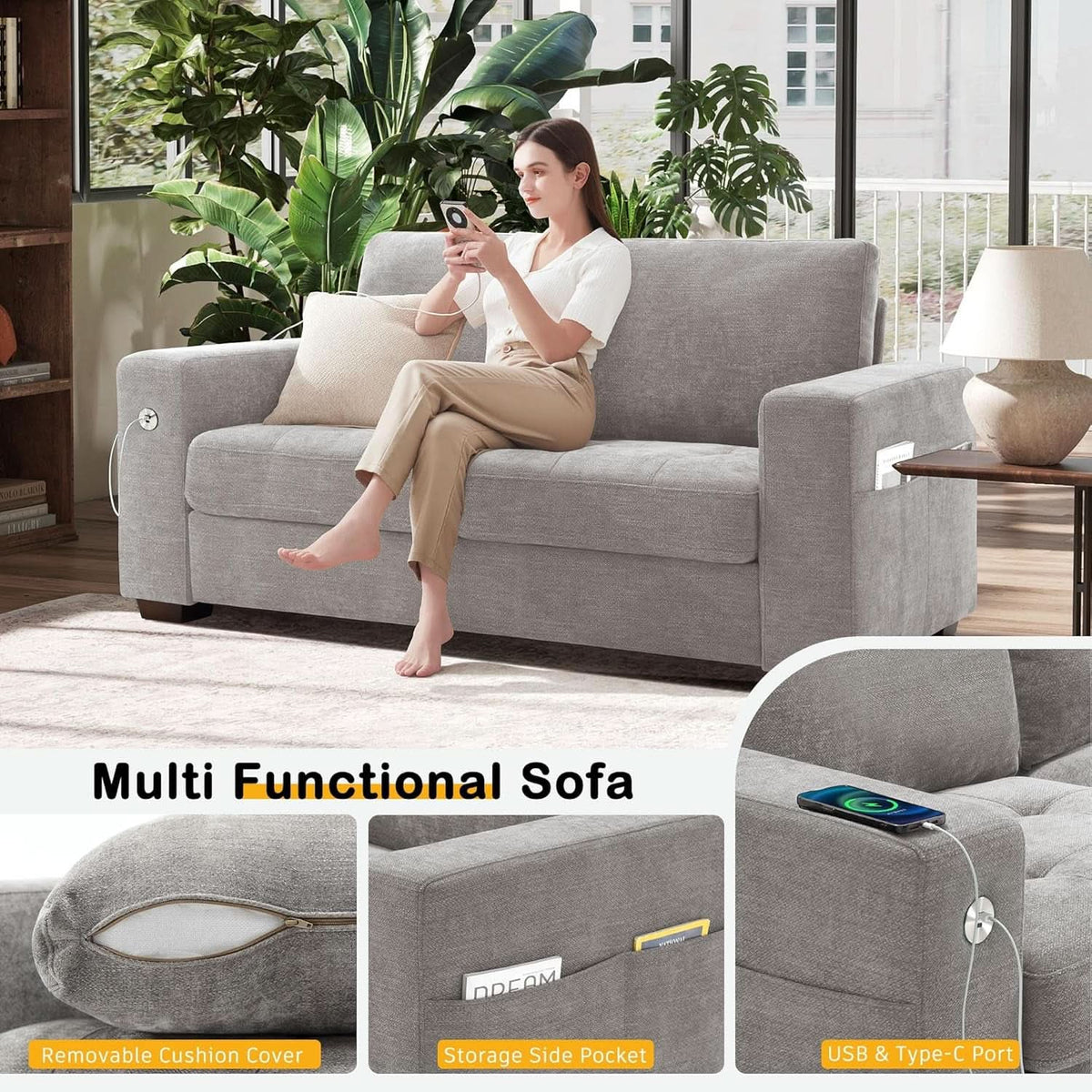 70 Inch Gray Chenille Loveseat With USB C Ports And Plush Cushions