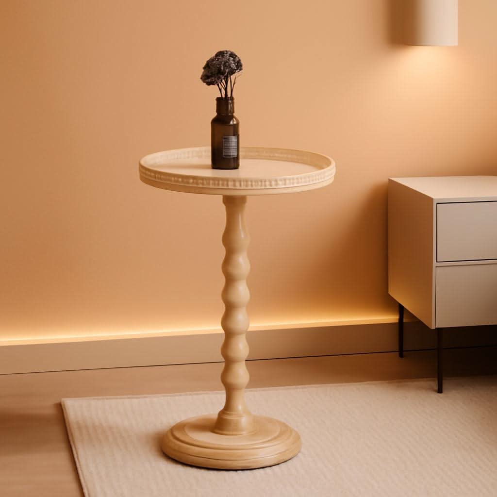 Rattan Circular Round End Table With Solid Walnut Wood Legs