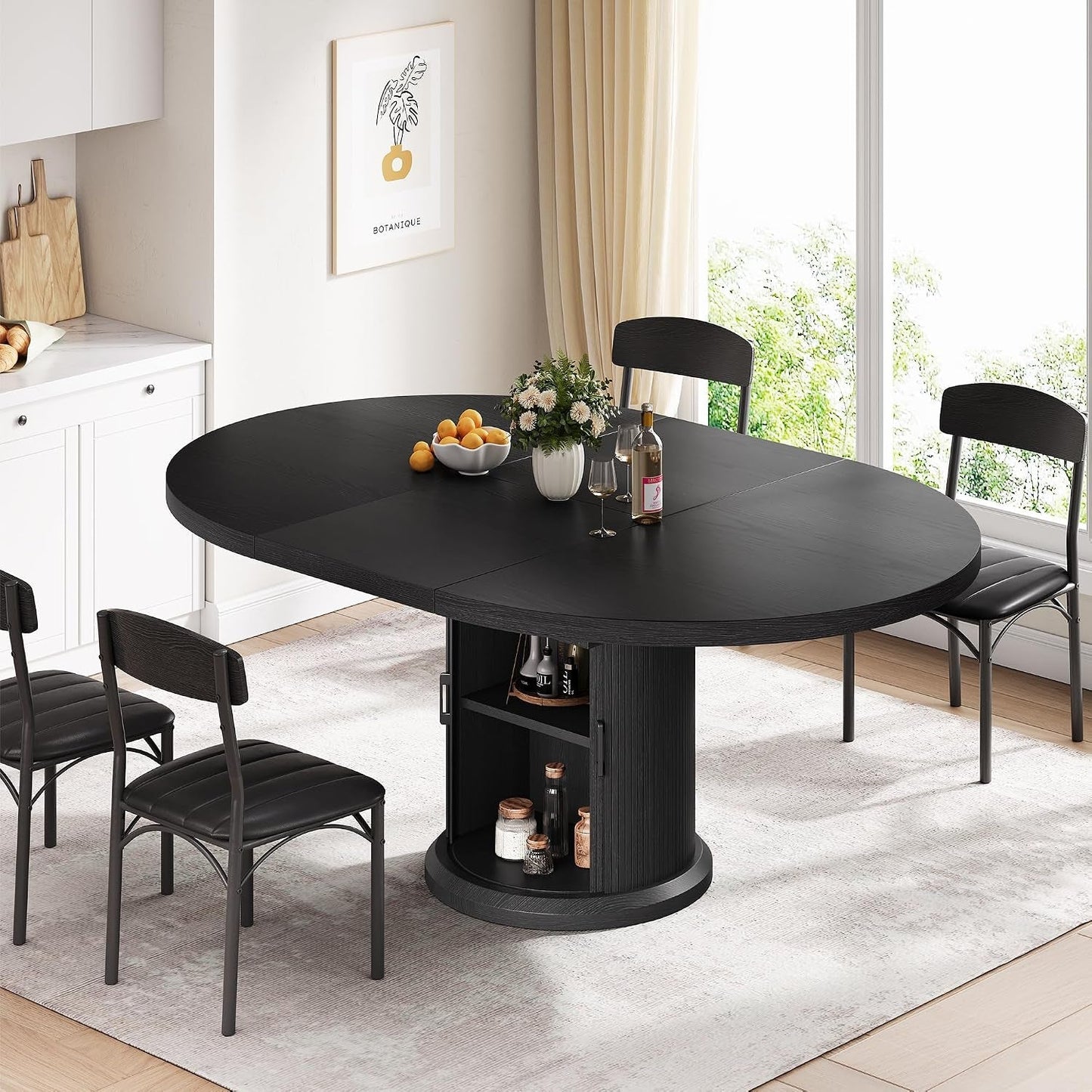 Black Extendable Round Dining Table Pedestal Storage