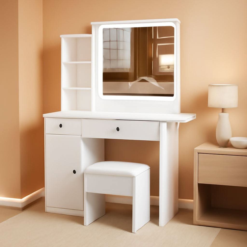 Vanity Desk Set White With Illuminated Mirror With LED