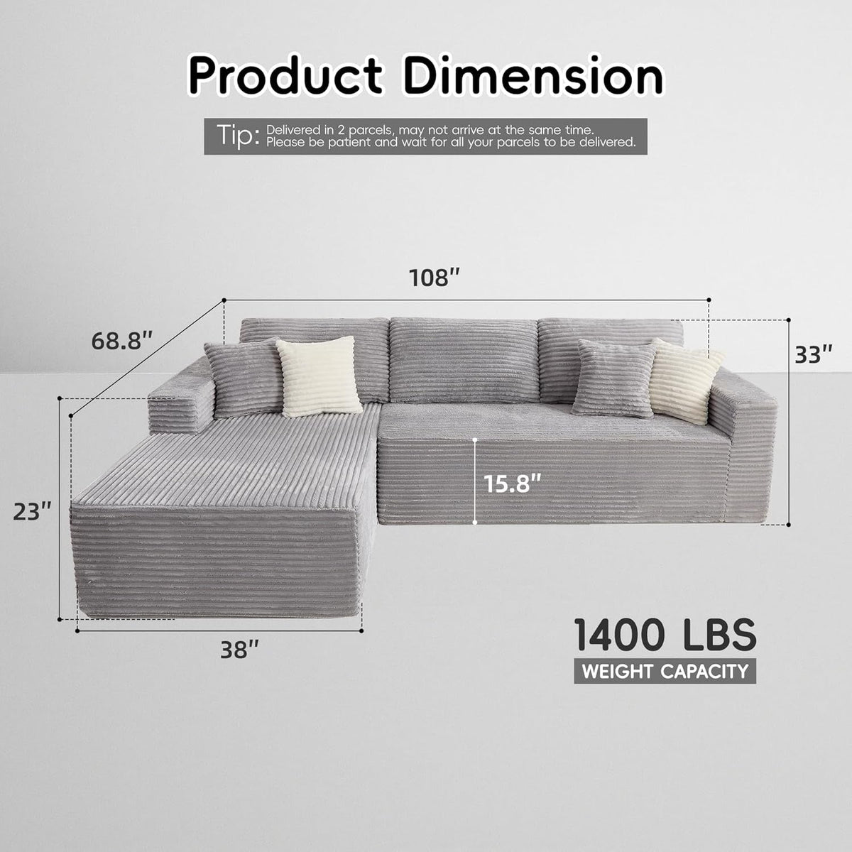 108 Inch Grey Upholstered Modular Sectional Chaise