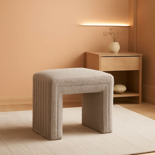 Taupe Boucle Vanity Ottoman Tufted Weathered Walnut