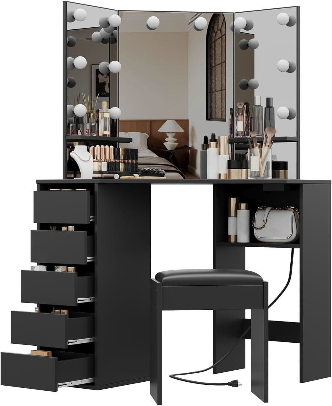 Corner Vanity Desk Black Illuminated Mirror Lights
