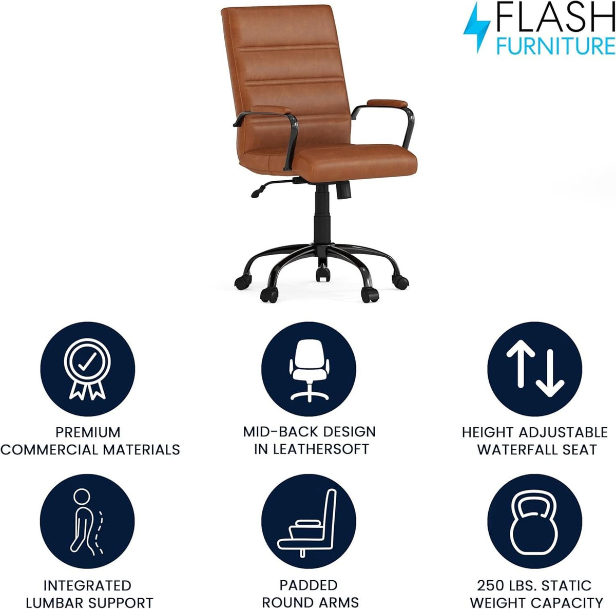 Whitney Mid-Back Leather Desk Chair Brown Black Adjustable Height