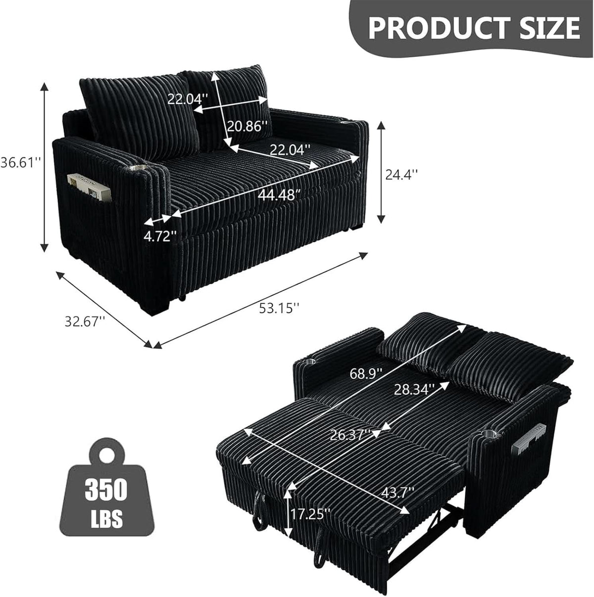 53 Inches Black Corduroy Fabric Sleeper Sofa USBPort