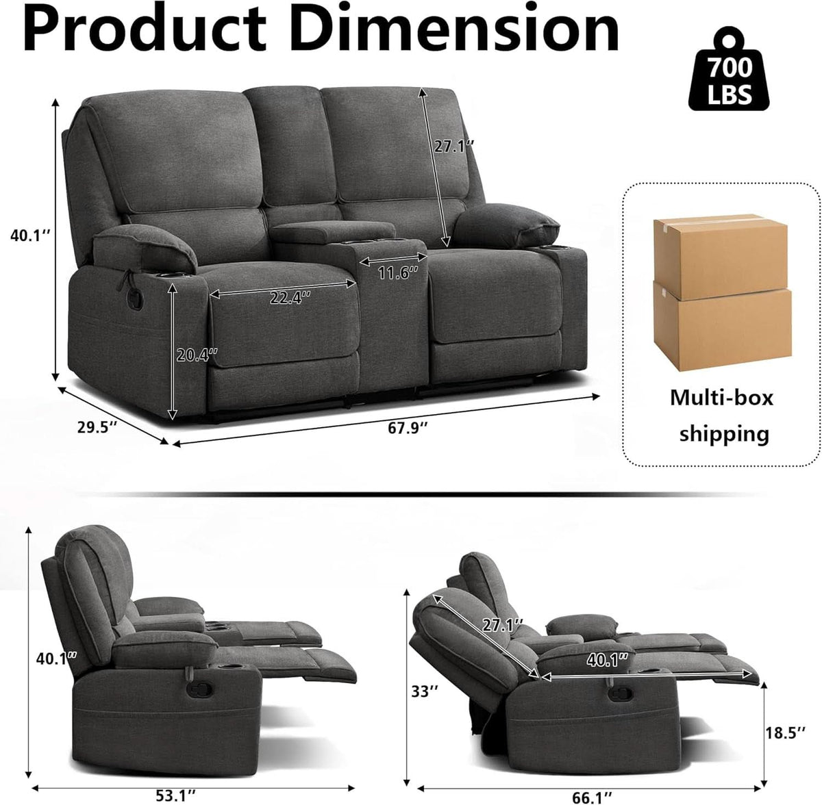 67.9 Inch RV Dark Leatherette Living Room Sofa Recliner
