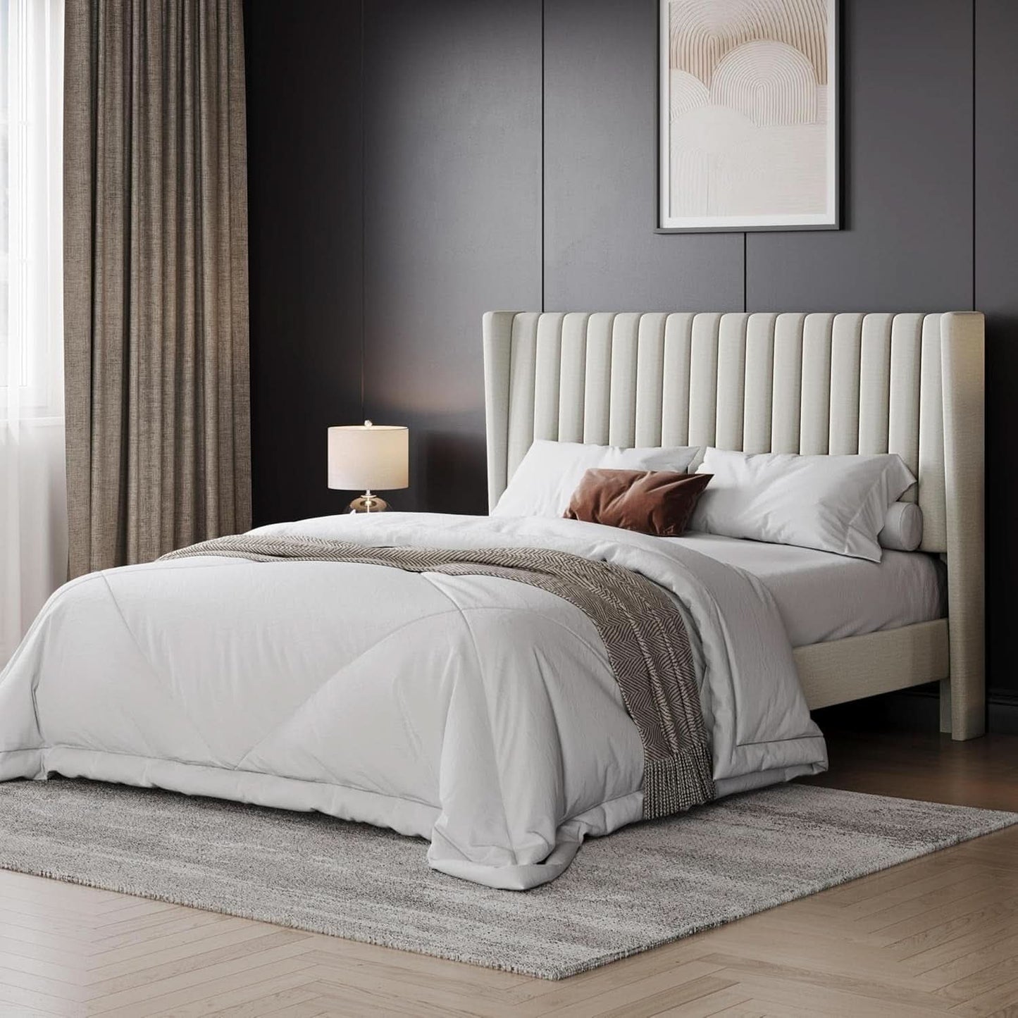 Queen Upholstered Platform Bed With Beige Headboard
