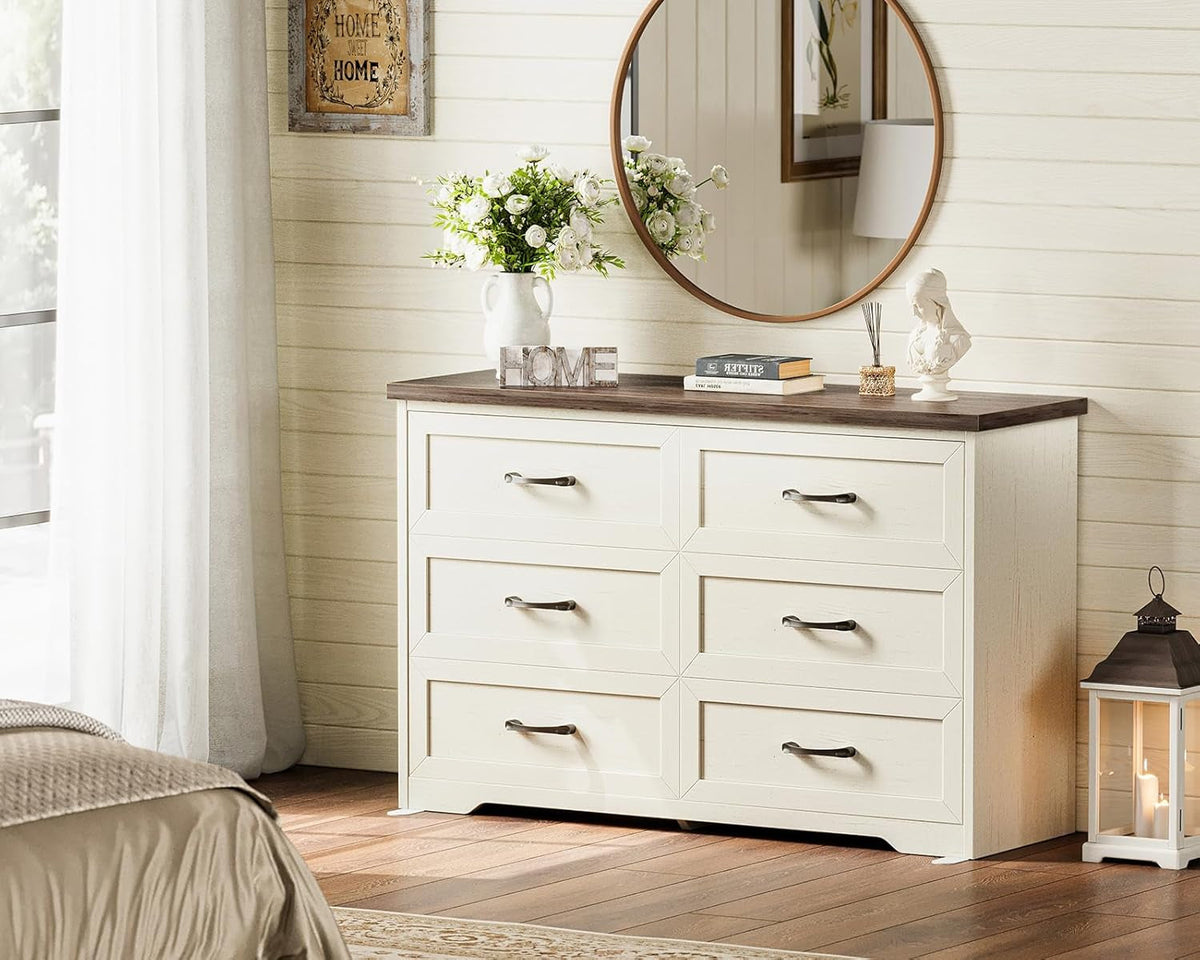 Farmhouse Six Drawer Dresser Walnut Engineered Wood