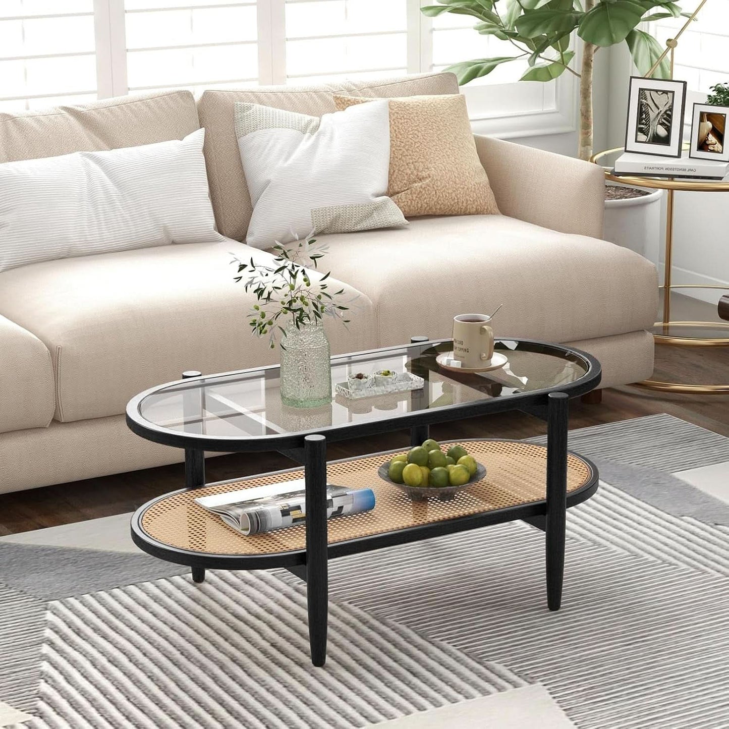 Rattan Coffee Table 40 Inch Premium Acacia Wood Finish