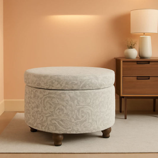 Gray Floral Storage Ottoman Large Round For Living Room-0