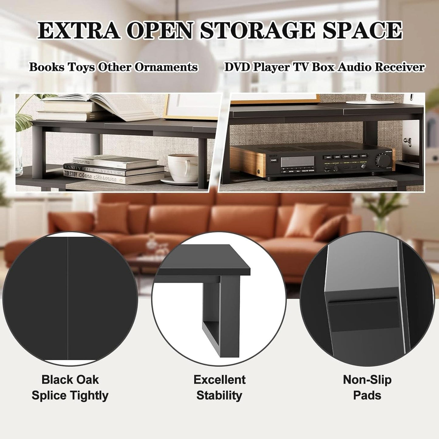 Black 45 Inch TV Riser Stand Cable Management System