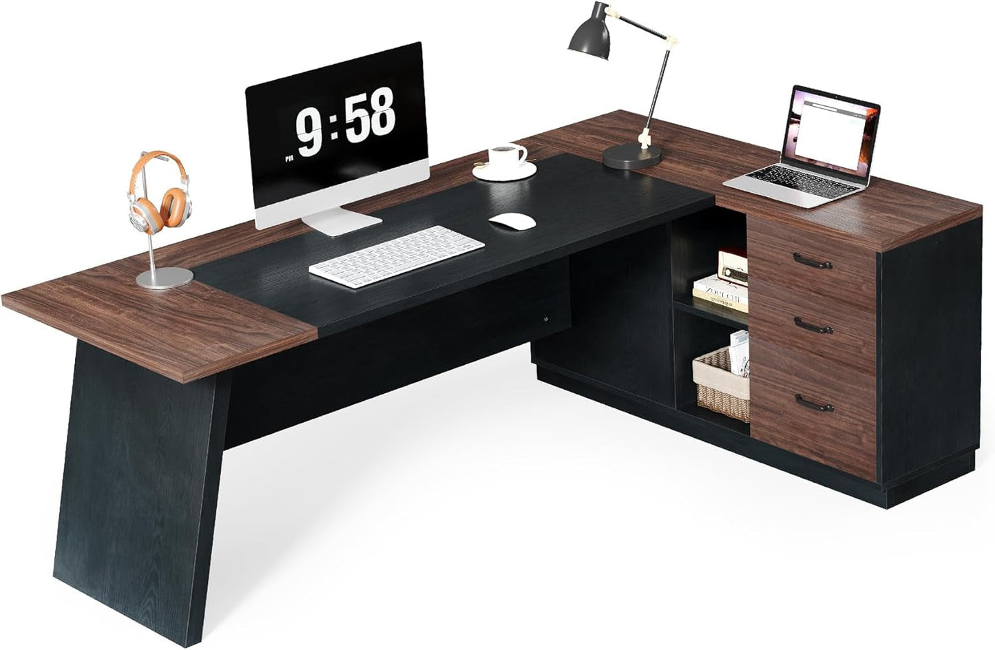 Brown 78Inch Executive Desk Featuring File Cabinet