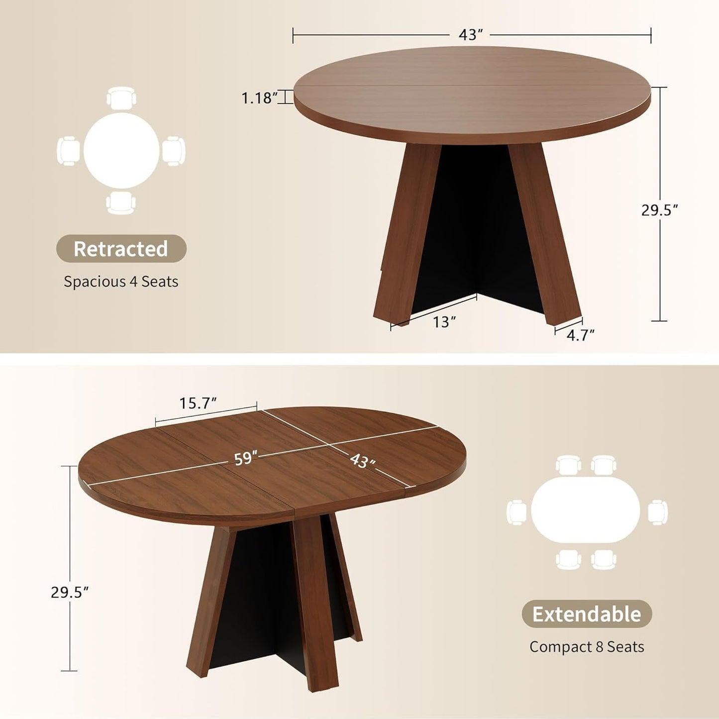 Extendable Round Dining Table Walnut Brown Finish
