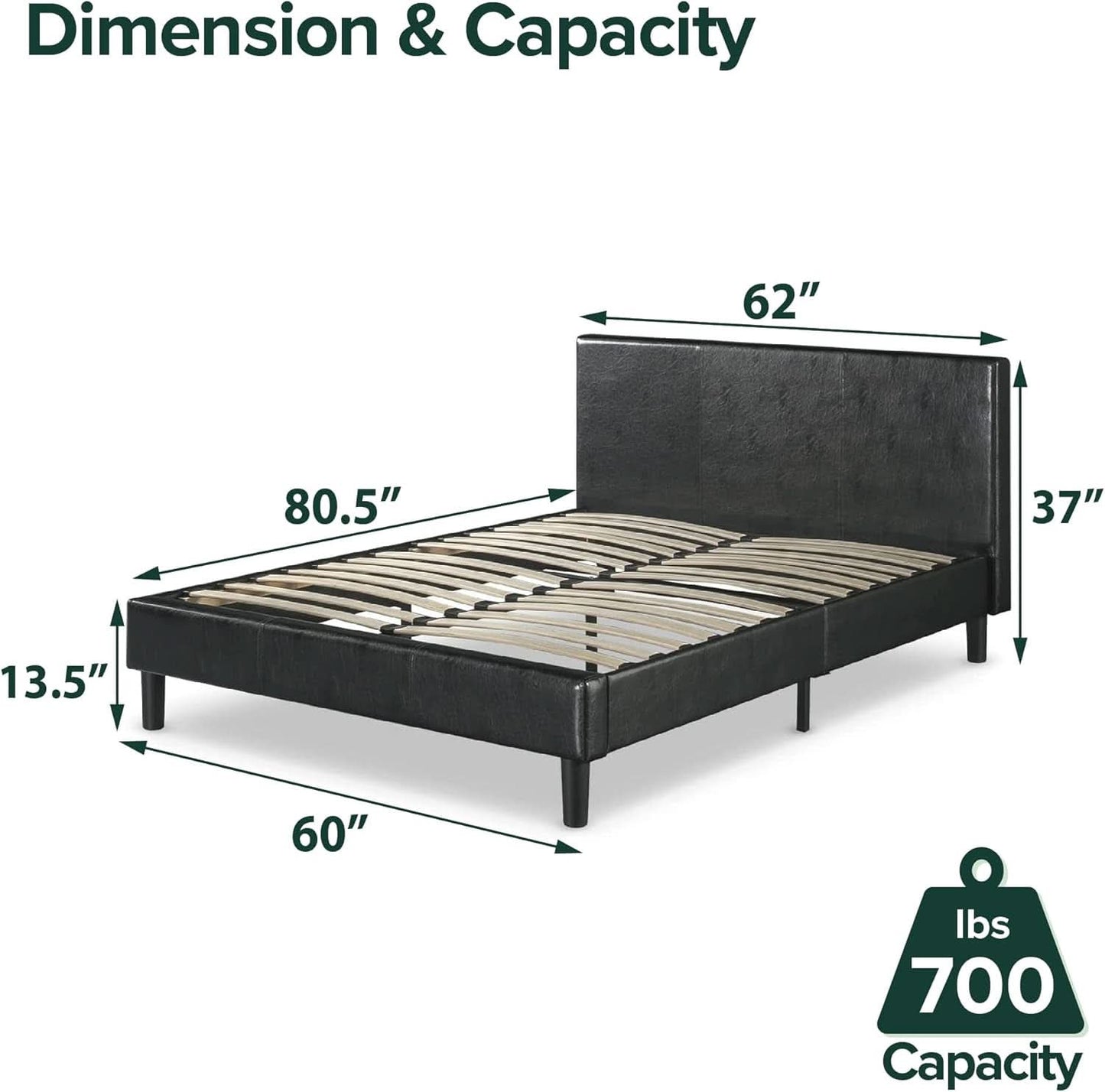 Queen Faux Leather Platform Bed Frame With Wood Slats